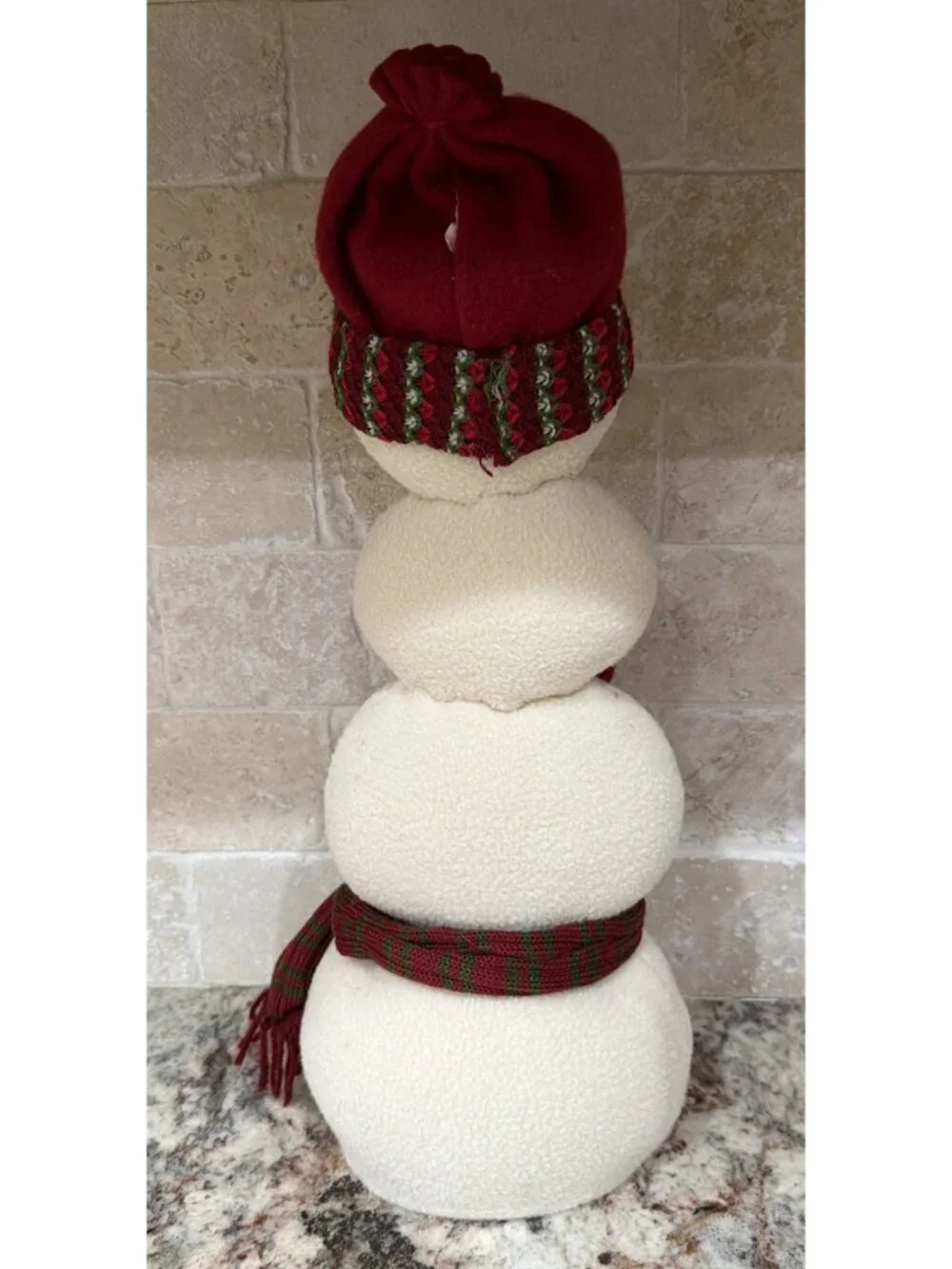 2010 Plush Stacked Snowman Carrot Nose & Weight Bottom 16” Tall Red & Green